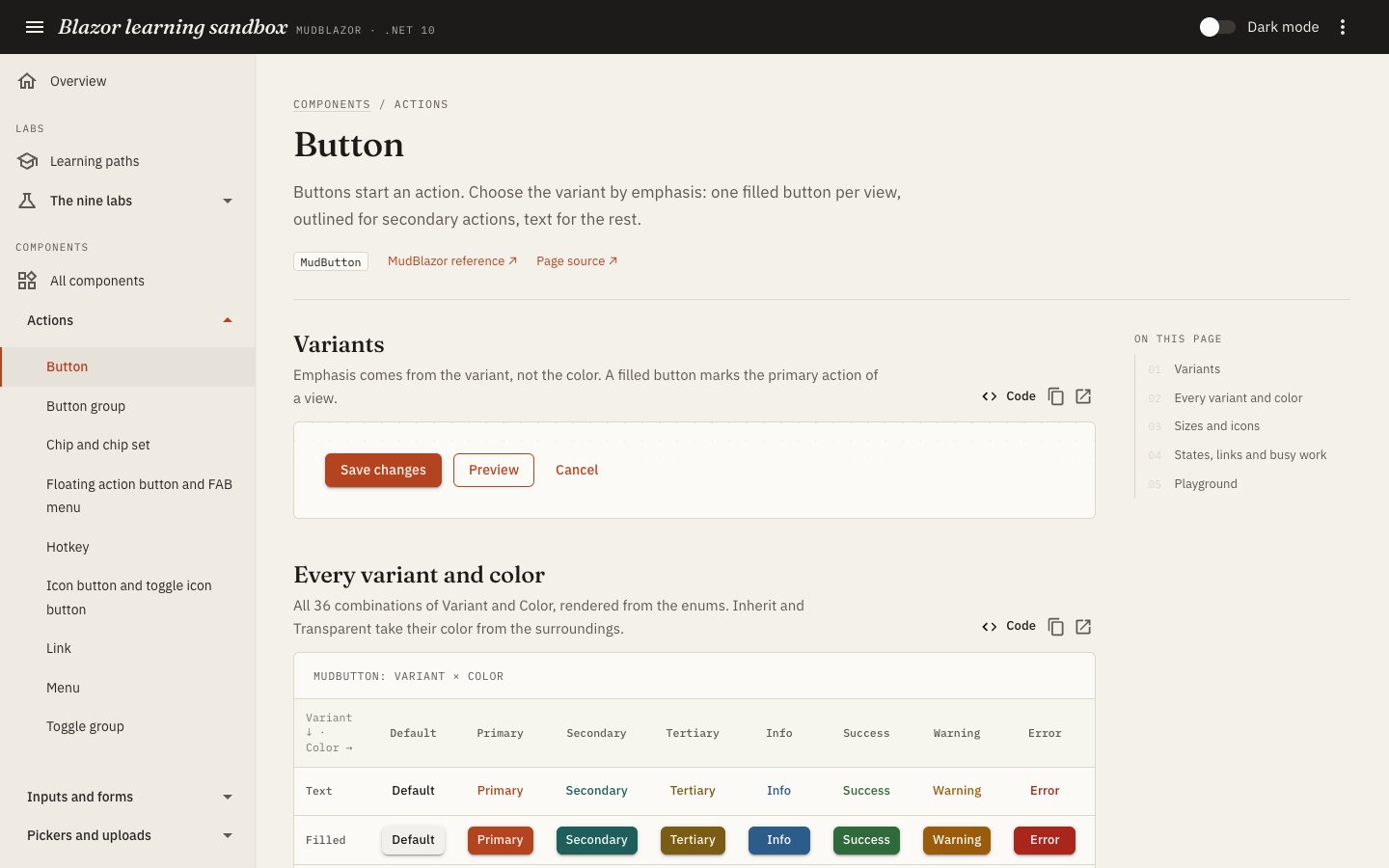 The Button page of the component gallery: example plates with live buttons, a table of every variant and color, and the Razor source of the example.